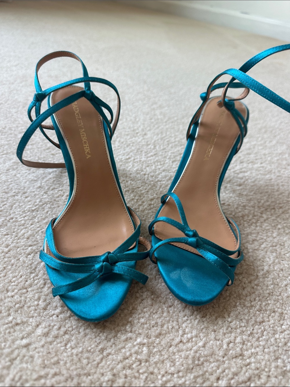 Badgley Mischka Teal Satin Bow Ankle-Strap Heels